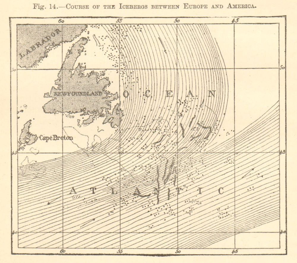 North Atlantic Icebergs. Newfoundland. Sketch map 1886 old antique chart